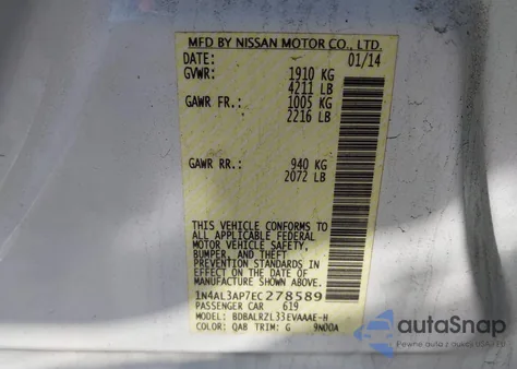 2014 Nissan Altima 2.5 S z USA, uszkodzony, nr VIN 1N4AL3AP7EC278589